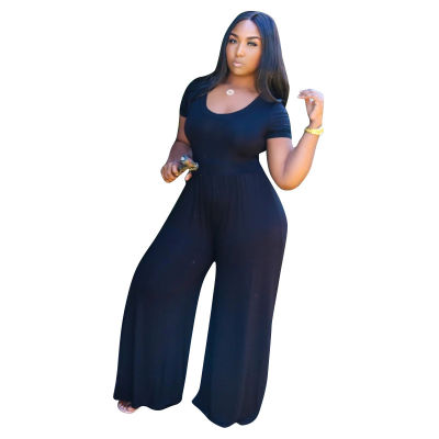 X-5XL plus size jumpsuit summer  women clothing fashion loose solid short sleeve round neck wide leg rompers wholesale