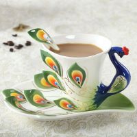 1 Pcs Peacock Coffee Cup Ceramic Creative Mugs Bone China 3D Color Enamel Porcelain Cup with Saucer and Spoon Coffee Tea Sets