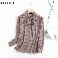 new 2022shirt for women retro print bow tie shirt blouse long sleeve chic female tops elegant office shirt blusas femininas