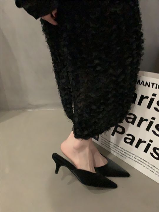 รองเท้ารองเท้าส้นสูงหัวแหลมนุ่มยามเย็น-baotou-สไตล์ฝรั่งเศสครึ่งเทรลเลอร์พร้อมกระโปรงส้นเรียวรองเท้าผู้หญิง2023ฤดูใบไม้ผลิ