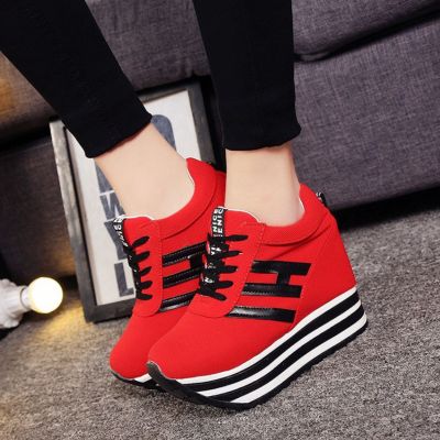 Fashion Womens Striped Shoes Wedge Heel Sport Lace Up Sneakers