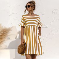 【CC】 Striped Patchwork Dresses Ruffle Sleeve A Ladies Size Loose Oversize Streetwear