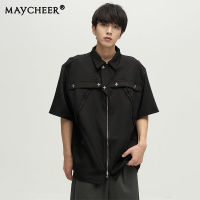 MAYCHEER   เสื้อซิปแขนสั้นสีดำวินเทจมีสไตล์สำหรับผู้ชายและผู้หญิงเสื้อปกครึ่งแขนอเนกประสงค์ทรงหลวม