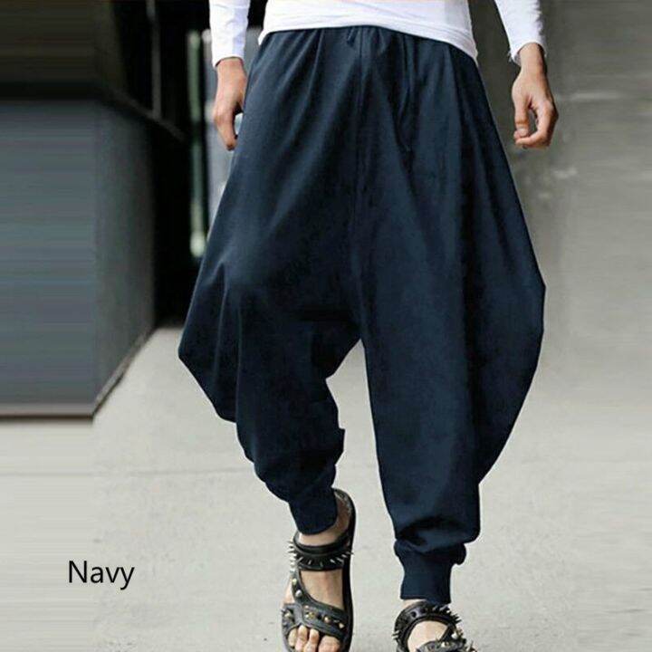 codtianjia6731-men-loose-long-plain-pure-yoga-wide-leg-harem-drop-crotch-baggy-trousers-pants