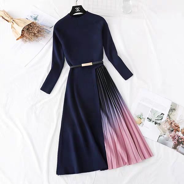 2021Autumn Winter Women Knit Elegant knee-length Pleated dress patchwork O-neck Vestidos women autumn long Sleeve party dress robe