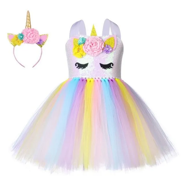 Kids Unicorn Costume Girls Birthday Party LED Lights Sequin Rainbow ...