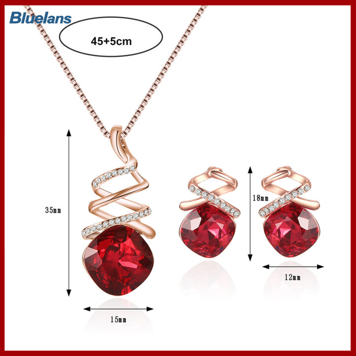 bluelans-1ชุดสร้อยสตรีรูปทรงเรขาคณิตลูกบาศก์-zirconia-บิดสง่างามสีแดงตาราง-rhinestone-กระดุมติดหน้าอกฝังเลี่ยมชุดเครื่องประดับแฟชั่น