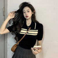 Contrast Color Striped Polo Collar Knitted Short-Sleeved T-Shirt Womens Summer American Retro Slim-Fit Shoulder Short High Waist Top