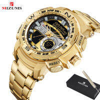 MIZUMS Military Wrist Watches LED Digital Sport Watch Men Gold Stainless Steel Dual Display Quartz Clock Man Relogio Masculino