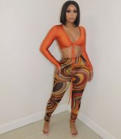 Bandage Two Piece Set y V Neck Lace Up Long Sleeve Crop Top + Print Sheer Mesh Pants Suits Club Party Tracksuit Women Outfits