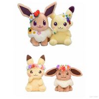 ของเล่นเด็กตุ๊กตา Pokemon Pikachu Eevee พร้อมหมวกดอกไม้สําหรับเด็ก