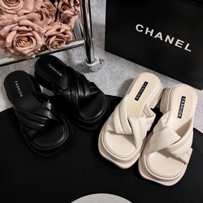 【July】 Thick-soled high-heeled sandals and slippers womens summer 2023 new style muffin heightened flip flops cross fashion casual