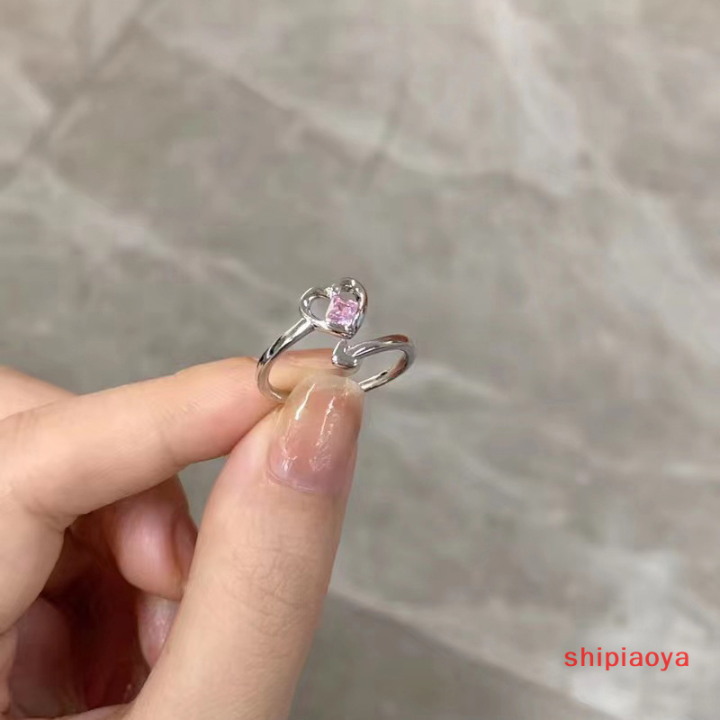 shipiaoya-แหวนคู่รักเปิดด้วยพลอยเทียมสีชมพูเป็นประกายแหวนใส่นิ้วคริสตัลวินเทจปรับได้สำหรับของขวัญอัญมณีคู่รักผู้หญิง