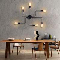 โคมไฟเพดานอุตสาหกรรม Semi Flush Mount Edison โคมไฟระย้าโลหะสีดำที่ทันสมัยโคมไฟในร่ม6ไฟ Rustic Bar