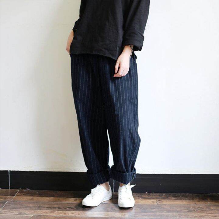 women-stripes-pockets-elastic-waist-plus-size-vintage-pants