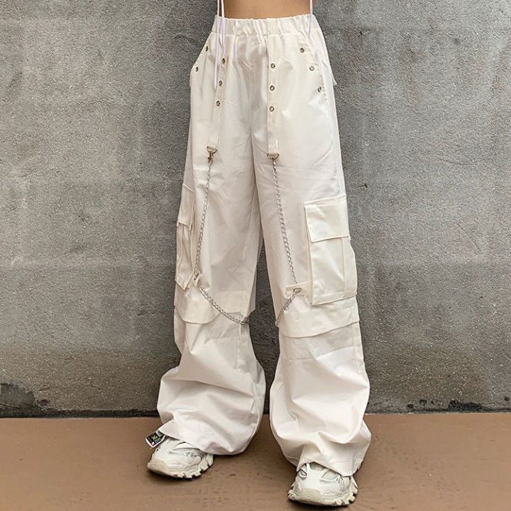2021QWEEK Harajuku Gothic White Cargo Pants With Chain Women Mall Goth Hippie Moda Punk Loose Baggy Oversize Korean Style Trousers