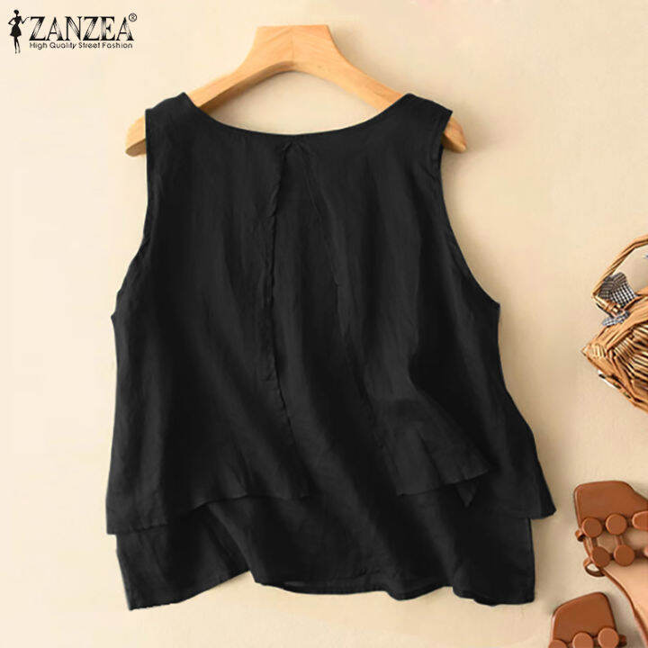 สินค้ามาใหม่-จัดส่งฟรี-fancystyle-zanzea-แขนกุดแบบลำลองเสื้อยืดคอกลมวินเทจหลวมสูงต่ำ-camisoles-2