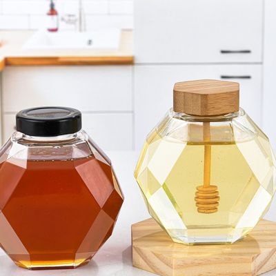 220ML380ML Handmade Honey Jar with Dipper Glass Honey Pot Lid Stirring Rod Integrated Kitchen Gadget Kitchen Tools Supplies
