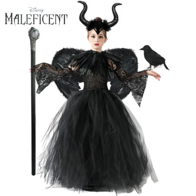 Kid Maleficent Black Gown Halloween Costume Gothic Dark Witch Queen Girls Tutu Dress With Feather Cape Evil Queen Fairy Costume...