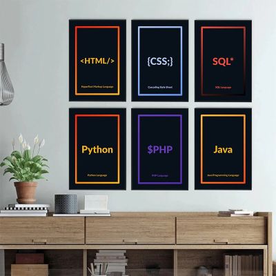 โปสเตอร์ผ้าใบภาษาการเขียนโปรแกรมนีออนคุณภาพสูง-C, Java,QL, PHP, HTML, Python - Abstract Wall Art สำหรับตกแต่งบ้าน