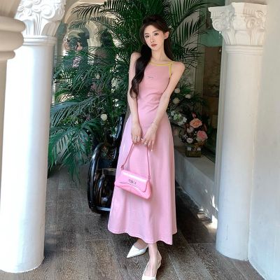 French pure to collect waist show thin pink sling the niche design sense of cultivate ones morality sexy backless dress summer dress