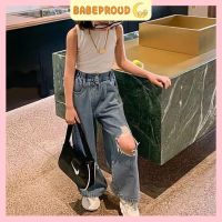 BABEPROUD กางเกงขายาวสำหรับเด็กเด็กผู้หญิง1-6ปีแฟชั่นฤดูร้อนใหม่สไตล์เกาหลีกางเกงยีนส์กางเกงยีนส์แต่งลายขาดๆเด็กผู้หญิงขากว้าง