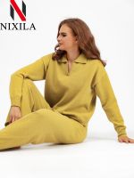 【DT】hot！ New In Outfits Knitted Loose Polo Neck Sweater  Pants Piece Sets Womens Outifits 2