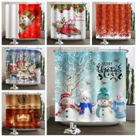 Snowman Merry Christmas Shower Curtain Santa Claus Elk Fireplace Pattern Decor Waterproof Bathroom Curtain Christmas Bath Screen