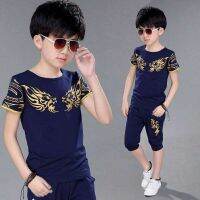 Boy Suit Summer Childrens Clothing Cotton Casual T-shirt + Shorts 2 Piece Boys Set Dragon Pattern For 4 6 8 10 11 12 Years