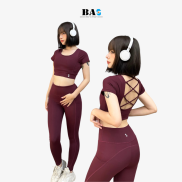 Đồ tập yoga nữ BAS, áo croptop đan dây hở lưng phối quần legging cạp cao