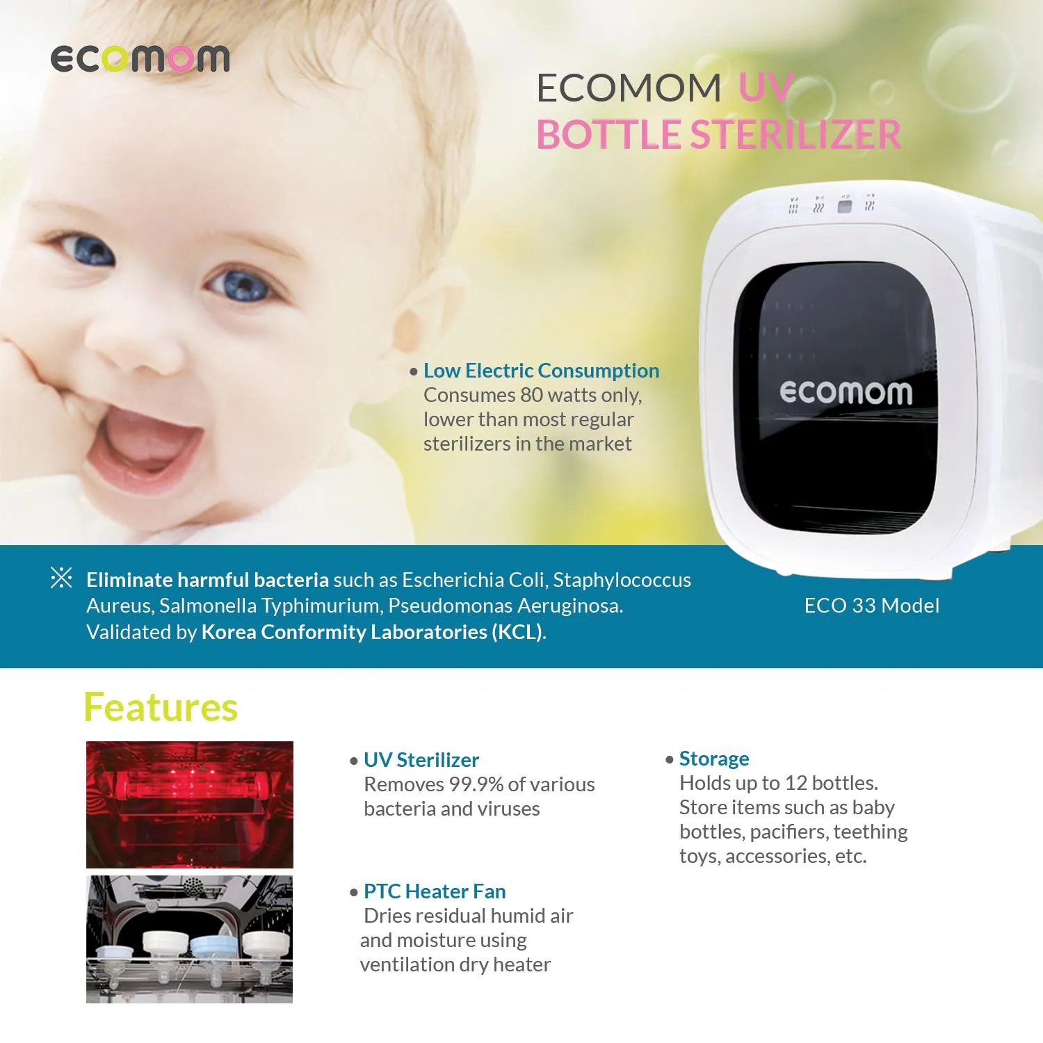 NEW ECOMOM ECO-33 Baby Bottle Multi Sterilizer Ultraviolet Disinfection 220V