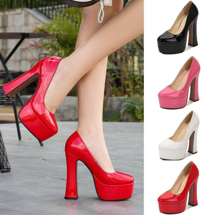 Women Chunky High Heels Sexy Platform Pumps Patent Leather Miss Heels