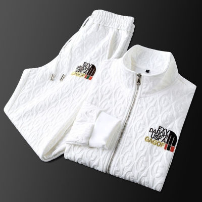 □ hnf531 Original Light Luxury Fog Stand Collar White Casual Sports Suit Men and Women with The Same Style Slim Spring and Autumn Knitted Fitness Two-piece Top Pants