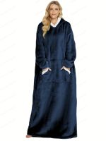 geegostudio Solid Plush Hooded Robe, Warm &amp; Comfy Long Sleeve Robe With Pockets, Womens Sleepwear