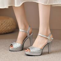 Womens Sandals Super High Heels Peep Toe Platform Sandal for Woman Ankle Strap Dress Shoes Sequined Sliver Wedding Shoes 1132L