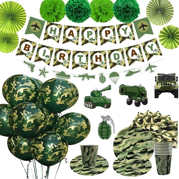 Green Military Camouflage Theme Banner Tank Balloon Set Cake Topper 