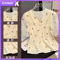 ZUUBAN เสื้อชีฟองคาดเอวคอวีปักสไตล์ใหม่สำหรับฤดูร้อนเสื้อเข้ารูปขนาดเล็กแบบฝรั่งเศสสไตล์ใหม่สำหรับผู้หญิง