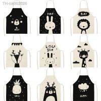 ✓ Black White Cute Animal Pattern Kitchen Sleeveless Fox Lion Rabbit Bear Aprons Linen Bibs Household Women Cleaning Pinafore