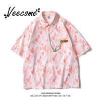 【 Veecome✨】เสื้อคู่รักลำลองผู้ชายผู้หญิงเสื้อเชิ้ตแขนสั้นรูปหัวใจพิมพ์ลายคู่รักทรงหลวมฤดูร้อน