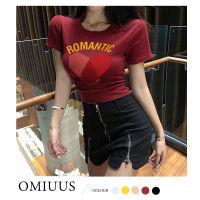 OMIUUS เสื้อคอกลมเสื้อยืดสั้นเอวสูงแขนสั้นโชว์สะดือ,เสื้อนักเรียนเอวสูง