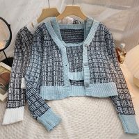 [COD] 2022 autumn and winter Korean style fashion all-match matching plaid V-neck single-breasted knitted cardigan with vest set