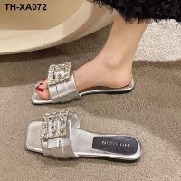 Fashion rhinestone square buckle denim sandals and slippers womens outerwear 2023 summer new fairy style flat flip flops