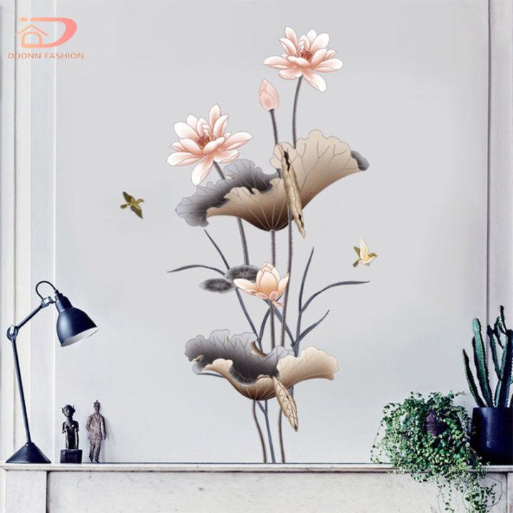 สติกเกอร์กำแพงดอกไม้บัวสไตล์จีนการตกแต่งบ้านสติกเกอร์ติดผนัง-self-adhesive-wallpaper-สำหรับห้องนั่งเล่นห้องนอน