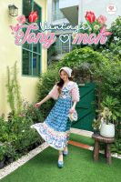 Tongmon vintage dress เดรสวินเทจพิมพ์ลายเเต่งผ้ายีนส์ระบายเเขนพู่สีชมพู