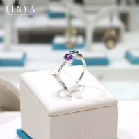 Lenya Jewelry  แหวนเงินแท้ ประดับอเมทีสต์ (Amethyst) สีม่วงรูปไข่ โทแพซสีฟ้า (Blue Topaz) ทรงหยดน้ำ และเพอริดอต (Peridot) สีเขียว ตัวเรือนชุบโรเดียม