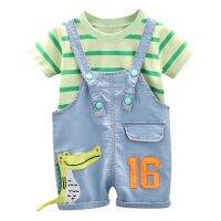 0-5T Newborn Kid Baby Boy Clothes Set Striped Round Neck T-Shirt Top and Denim Dinosaur Pants Overalls Cotton Summer Outfits