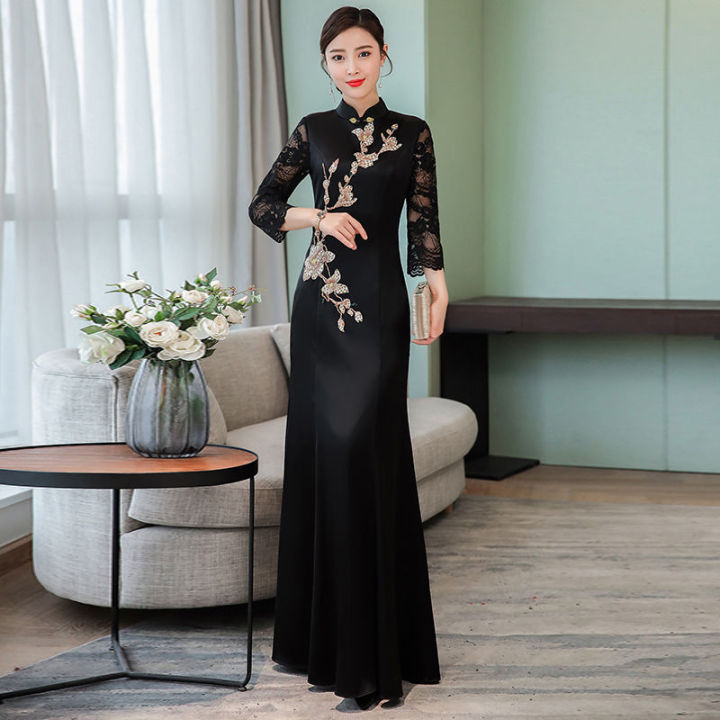 qipao-เดรสผู้หญิงแขน7-3-เดรสยาวสไตล์2019โชว์ชุดเดรสงานเลี้ยงหรูหรามีสไตล์จีนชุดกีเพ่าแขนสั้นแม้เดรสผู้หญิงเดินแบบ2020สไตล์จีนสง่างามชุดเดรสงานเลี้ยง