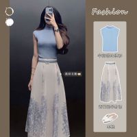 Spot parcel post R Hong Kong Style High Waist Blue and White Porcelain Skirt Suit Female Summer Half Turtleneck Ice Silk Sweater Slim Short-Sleeved Tops