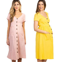 2021 Summer Casual Round Neck Maternity Dresses Pregnant Dress Button Loose Solid Color Short Sleeve Maternity Gown Q06002