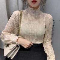 Fashion Women Lace Mesh Blouses 2021 Elegant See Through y Stand Collar Spring Autumn Bottoming Long Sleeve Ladies Tops